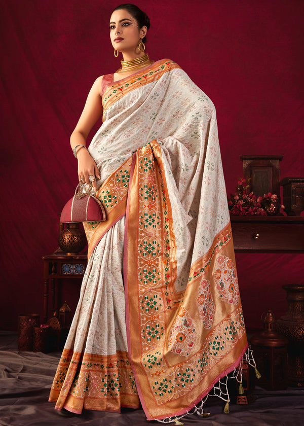 Antique White Woven Paithani Silk Saree