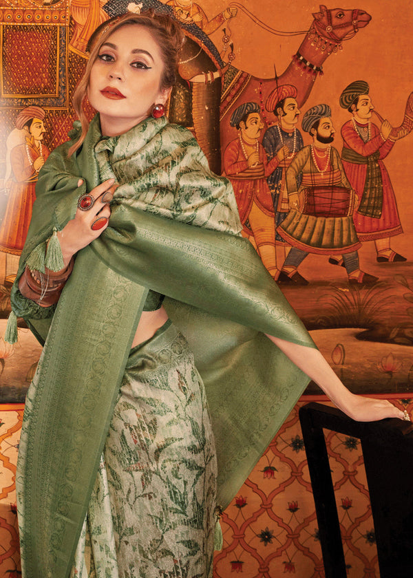 Olive Green Banarasi Silk Saree With Digital Print