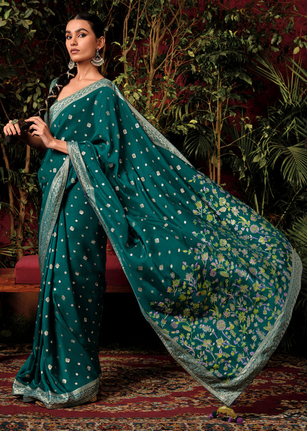 Antique Green Woven Banarasi Silk Saree With Brocade Blouse