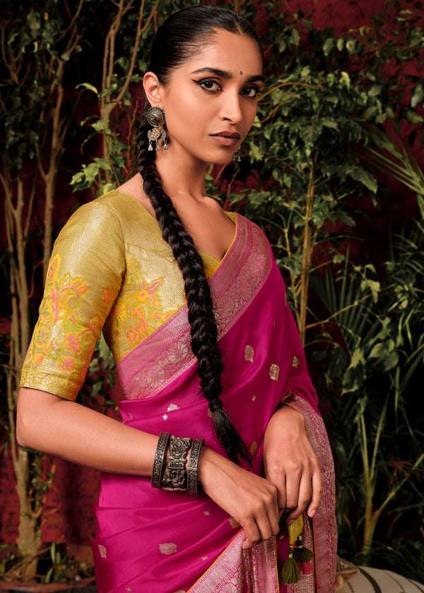 Magenta Pink Woven Banarasi Silk Saree With Brocade Blouse