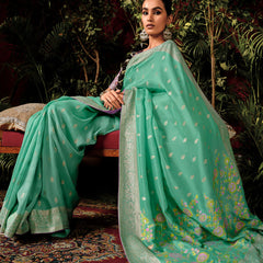 Aquamarine Green Woven Banarasi Silk Saree With Brocade Blouse