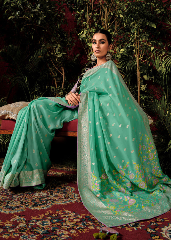 Aquamarine Green Woven Banarasi Silk Saree With Brocade Blouse