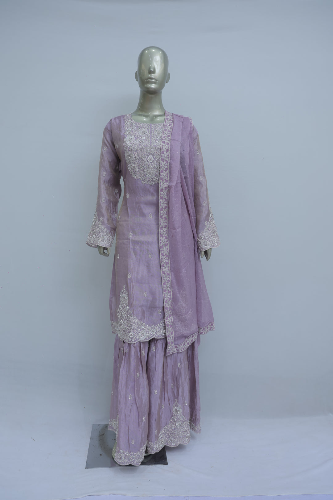 Light lavender gharara suit with resham work