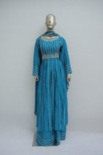 Load image into Gallery viewer, Peacock blue long dress suit with crystal work
