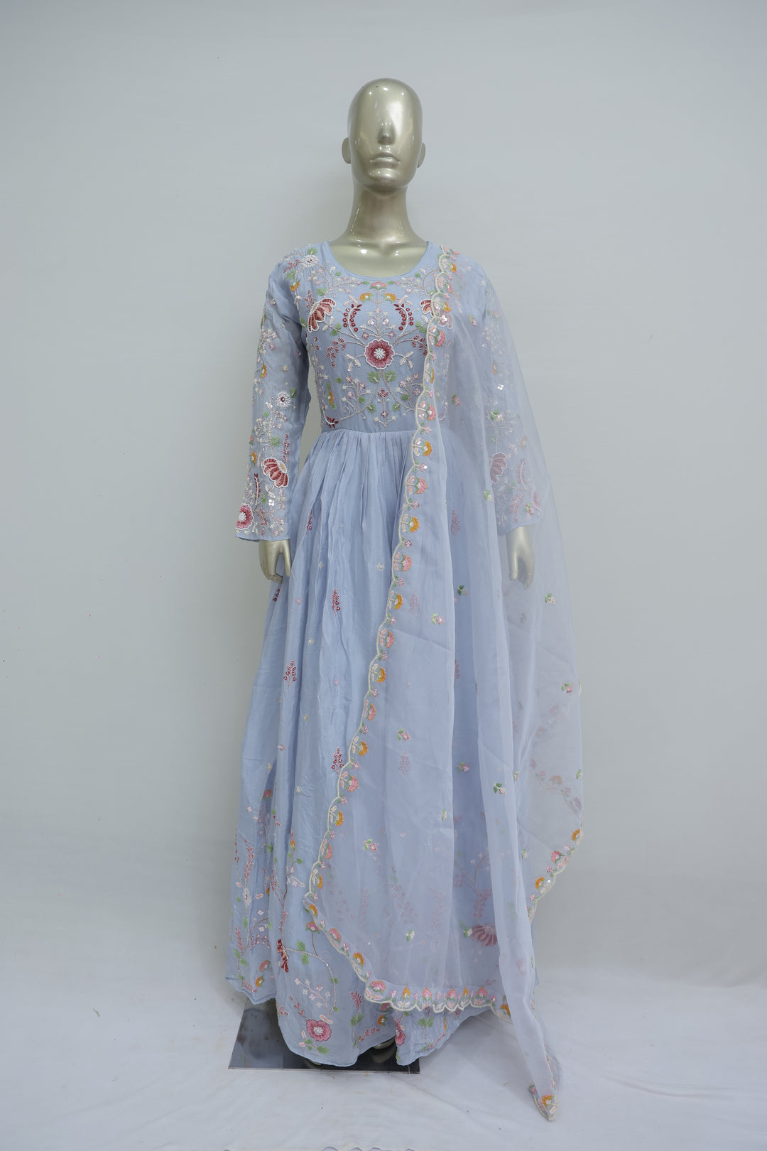 Baby pink long dress with multicolour resham work