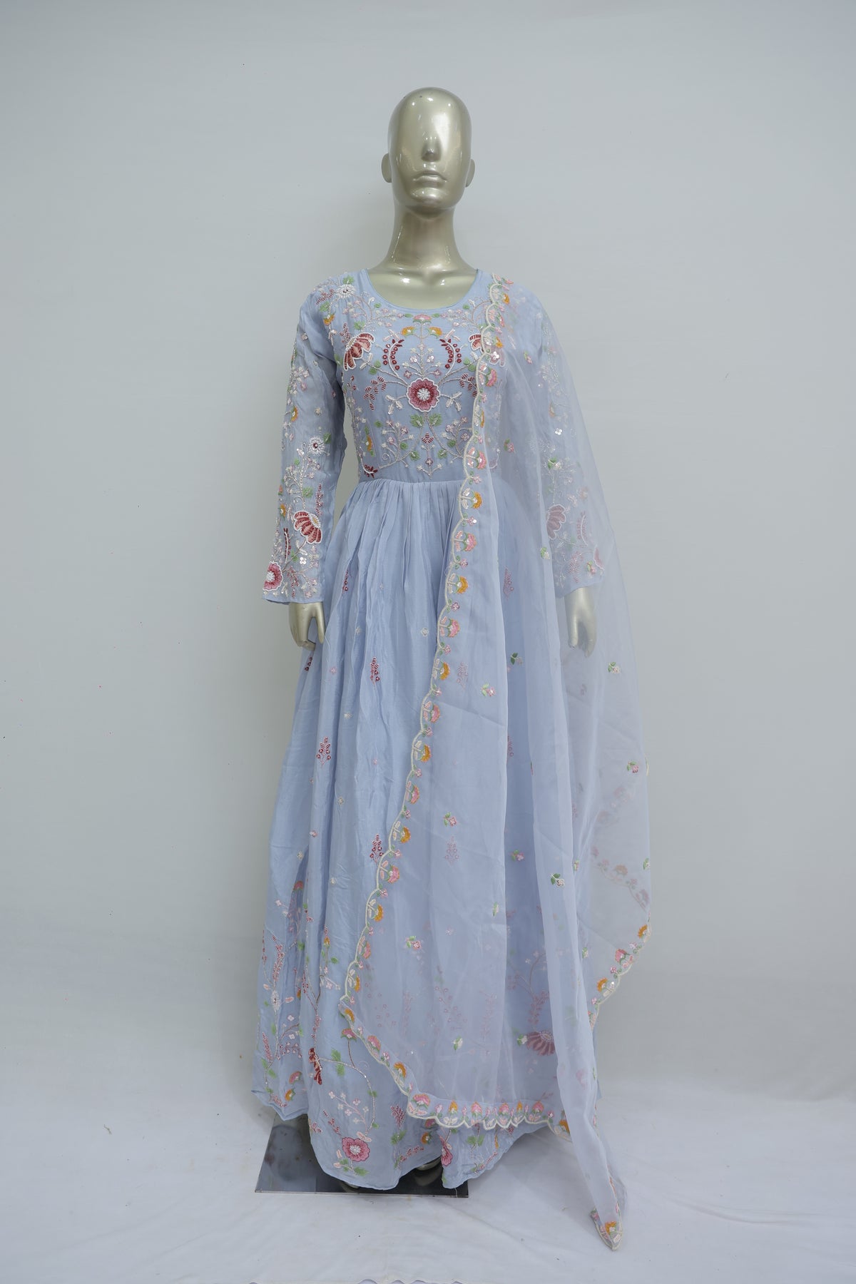 Baby pink long dress with multicolour resham work