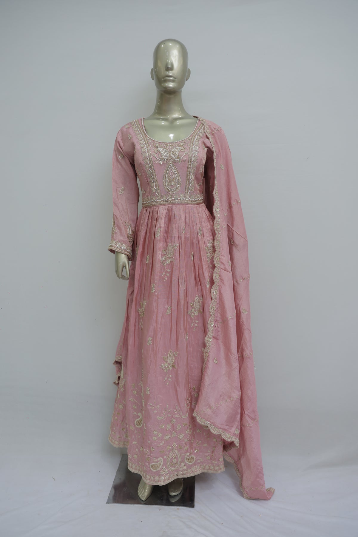 Gajari colour anarkali with zari sequin work