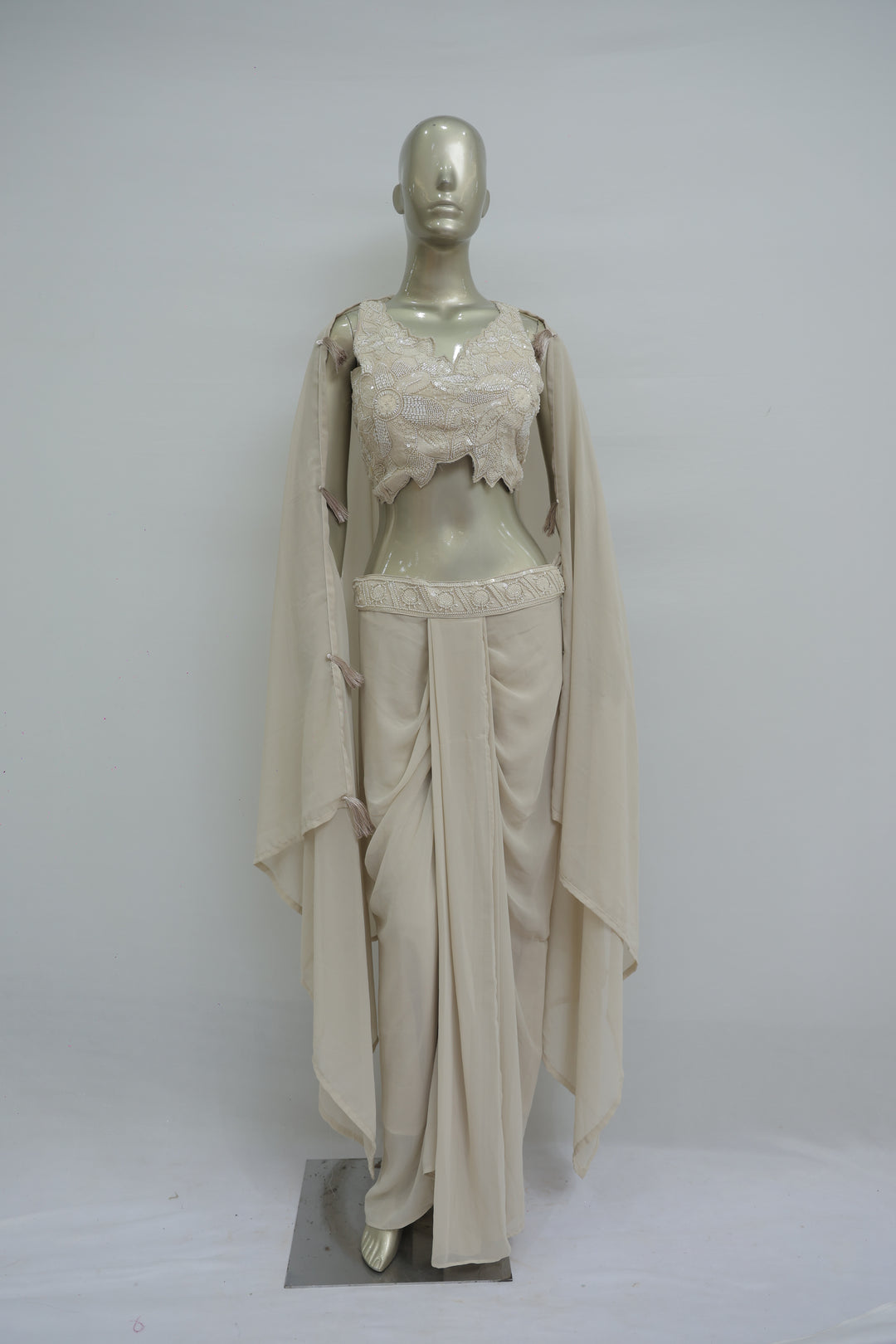 Light beige crop top set with beads work