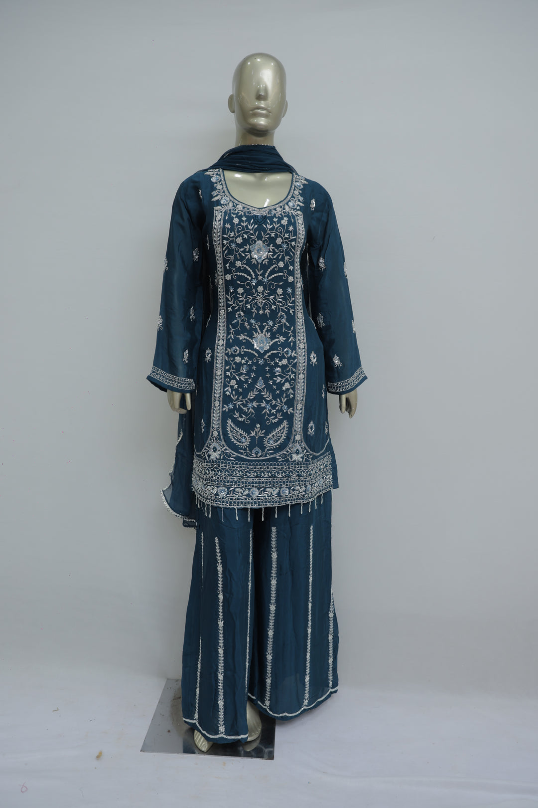 Peacock colour kurta plazo with crystal work
