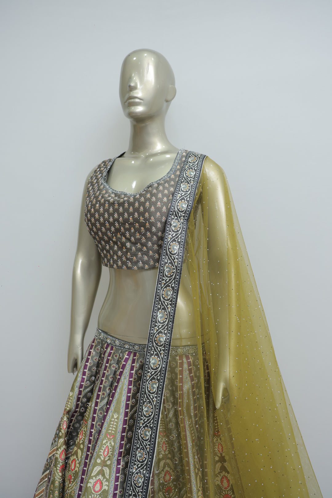 Multi mehndi colour lehenga with Swarovski work