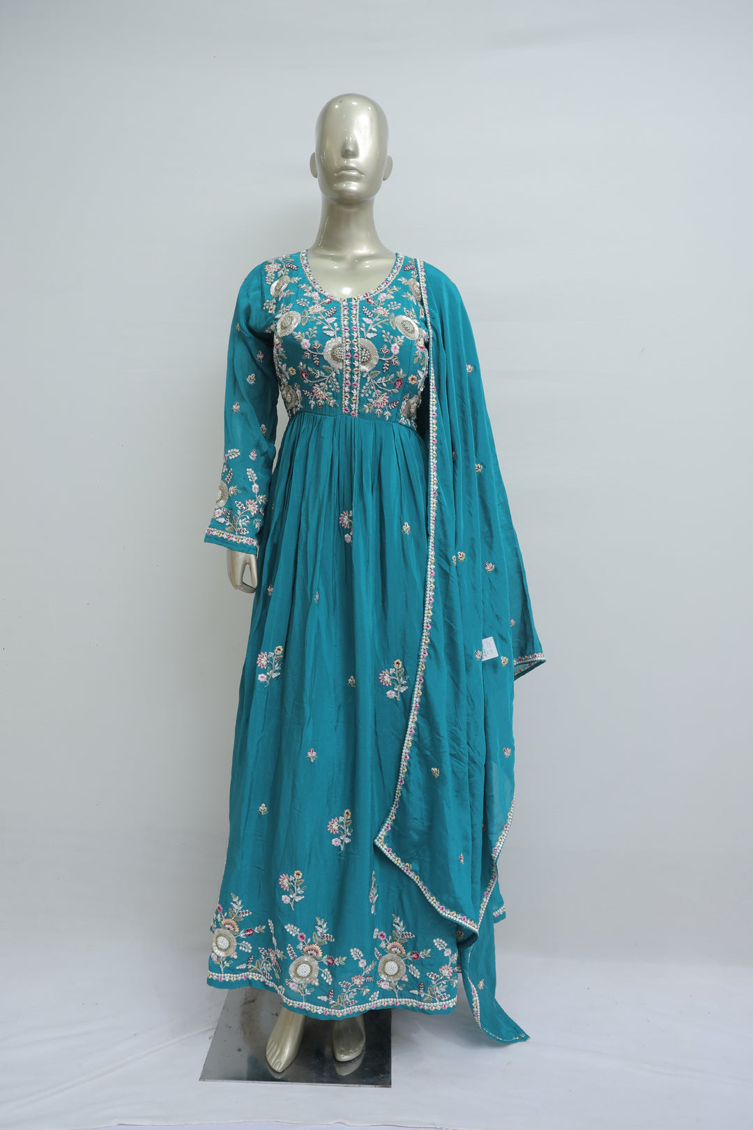 One piece long dress with chunni in chinon crepe