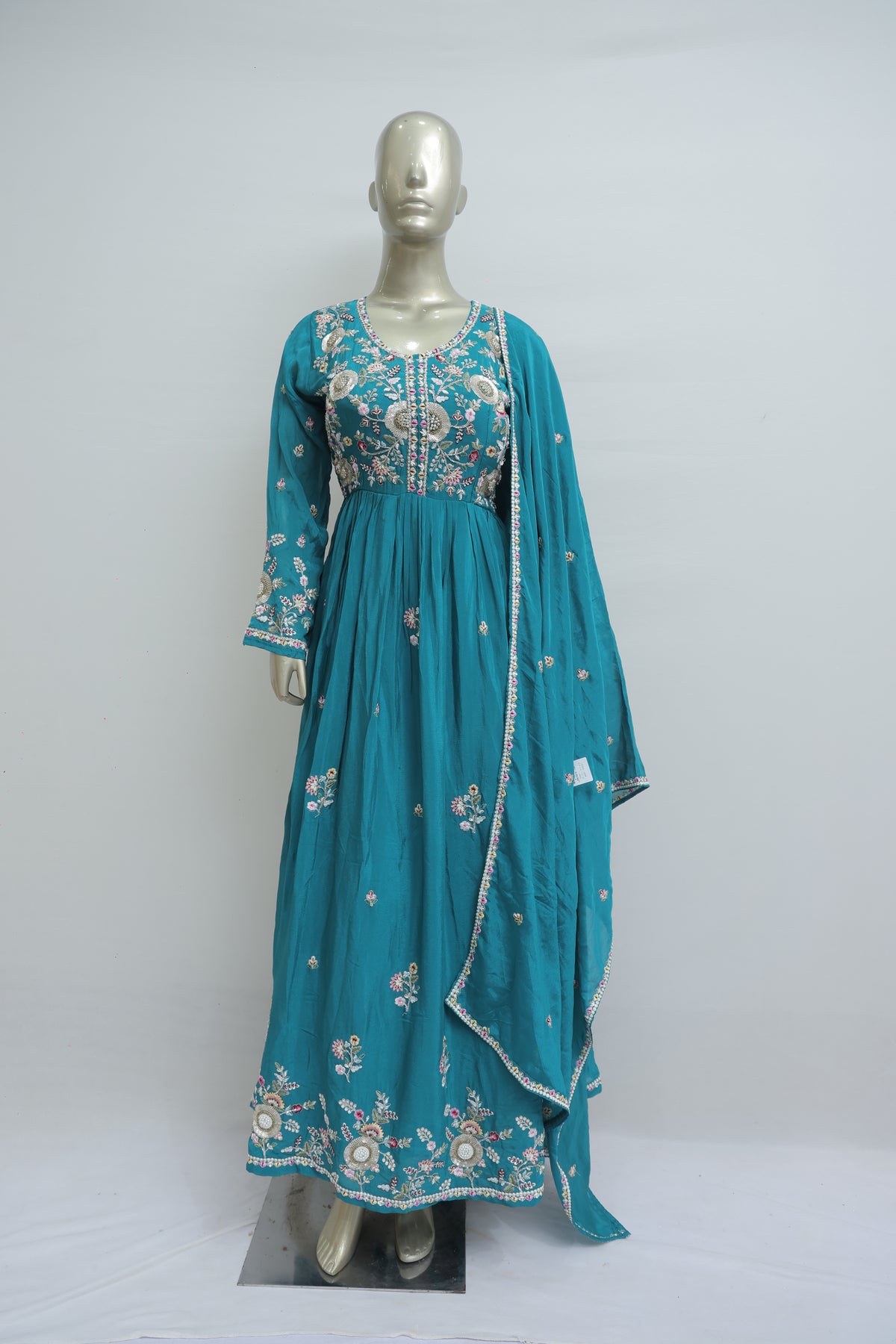 One piece long dress with chunni in chinon crepe