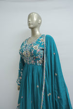 Load image into Gallery viewer, Peacock firozi long dress with resham hand work
