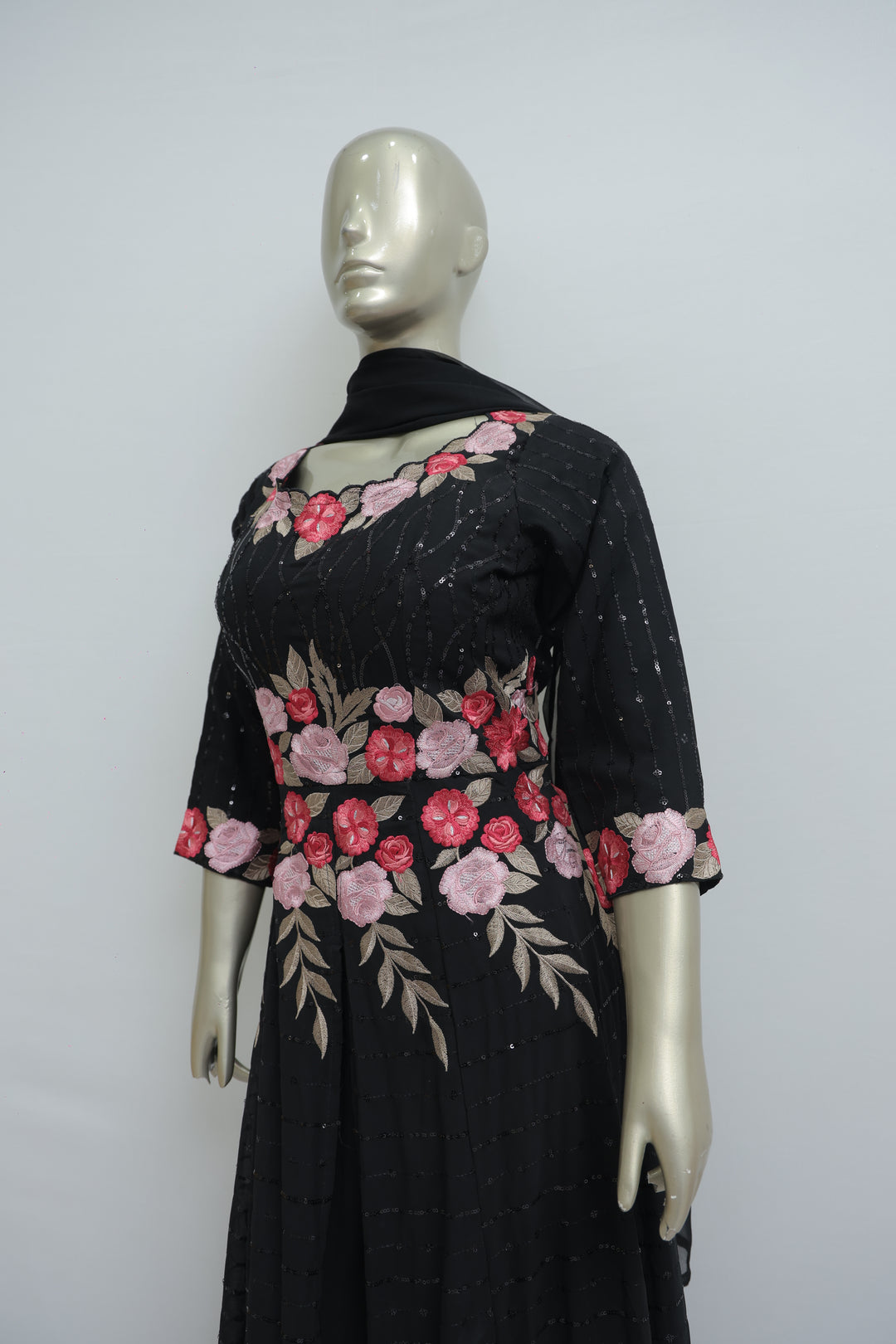 Black long dress with multicolour resham work