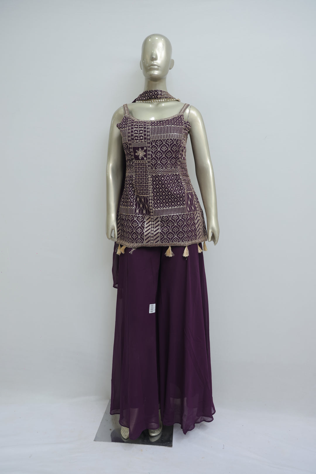 Short top with plazo in wine georgette fabric