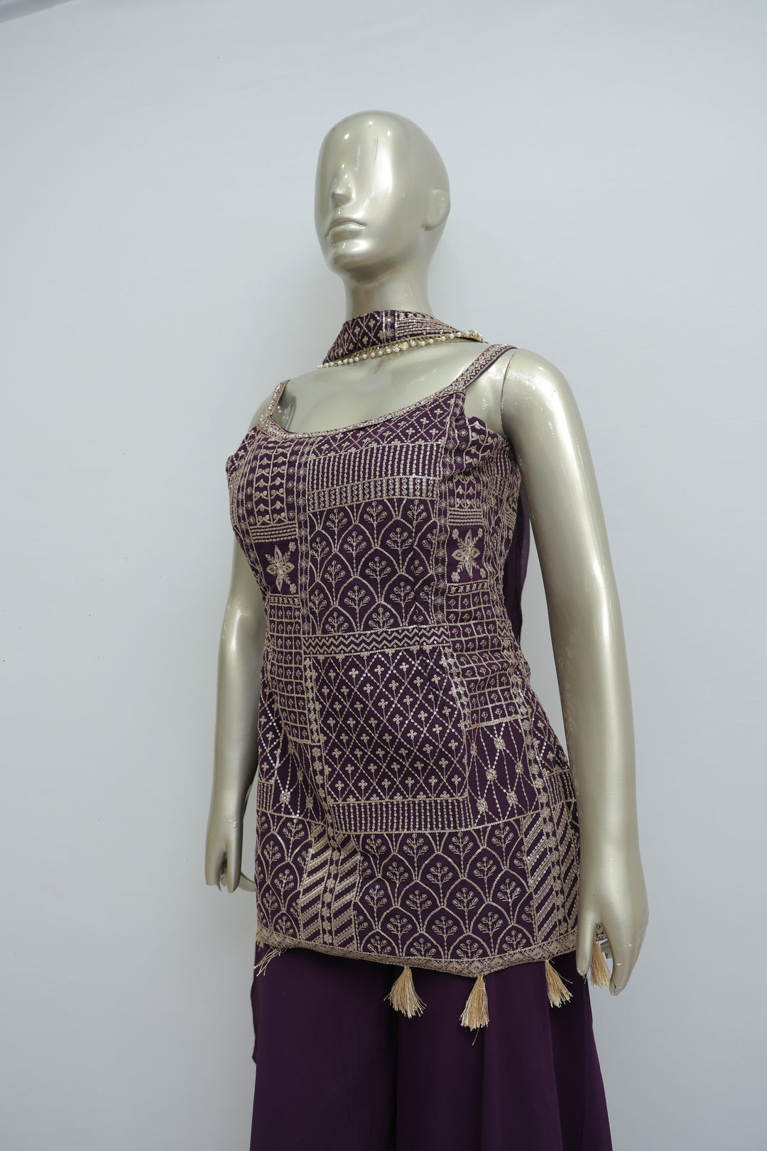 Wine colour plazo suit with self thread work