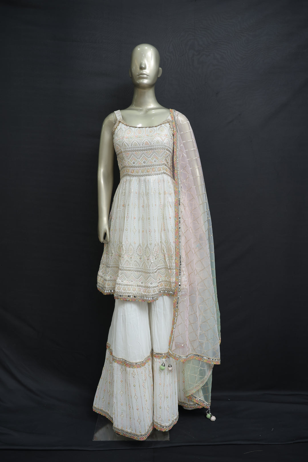 Gharara with peplum shirt in cream georgette