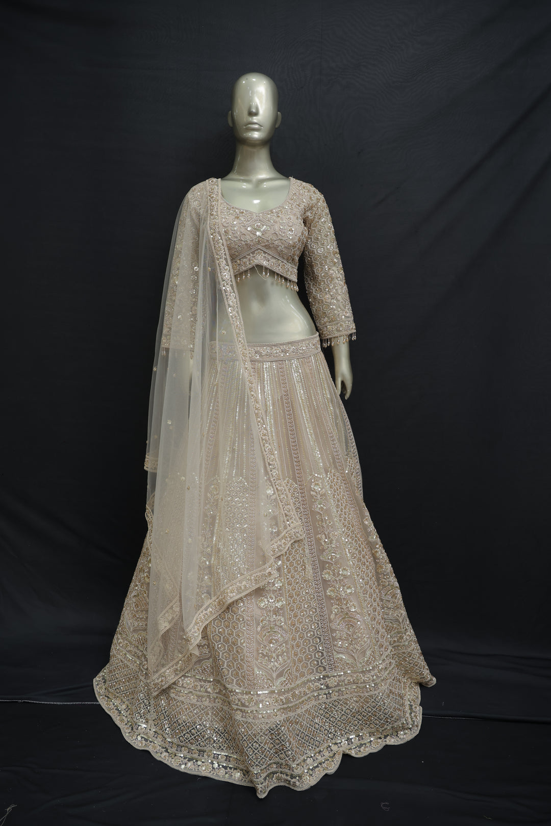 Cream festive crop top set with sequin work