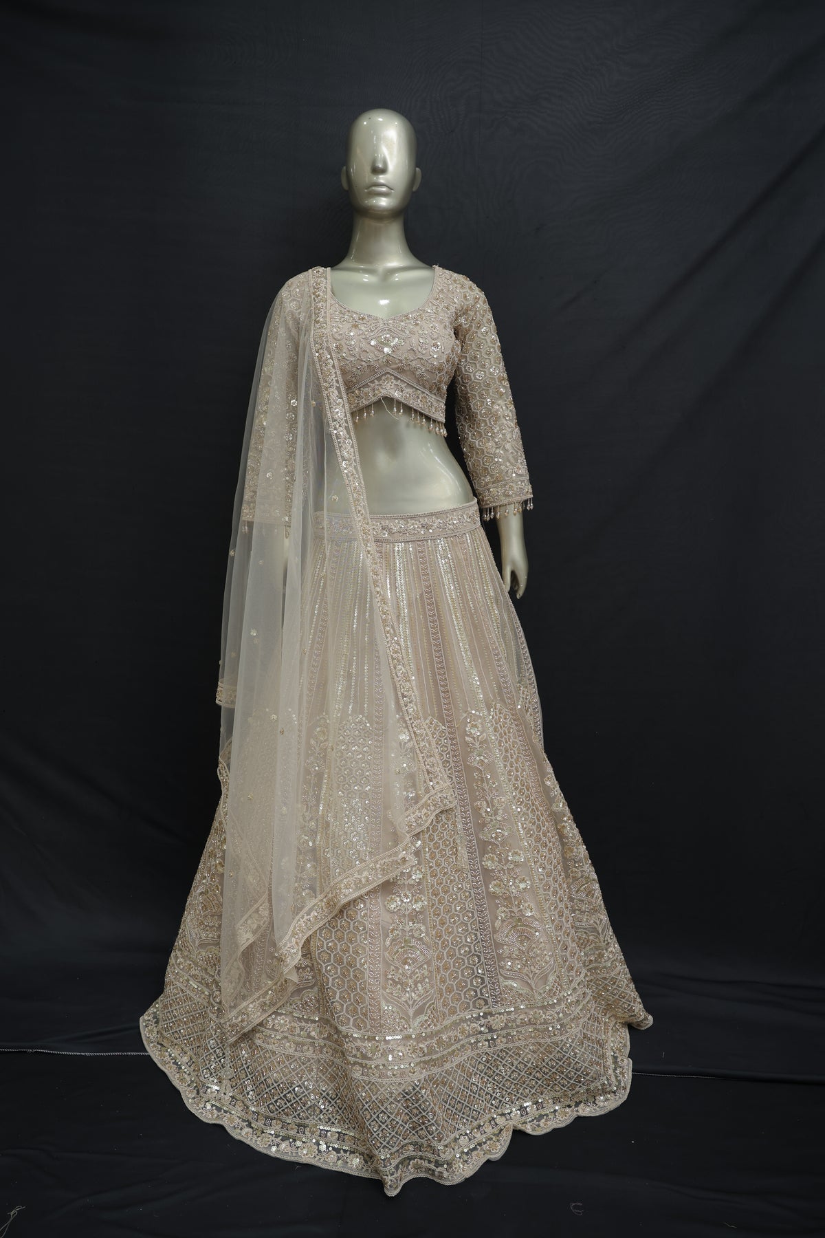 Cream festive crop top set with sequin work