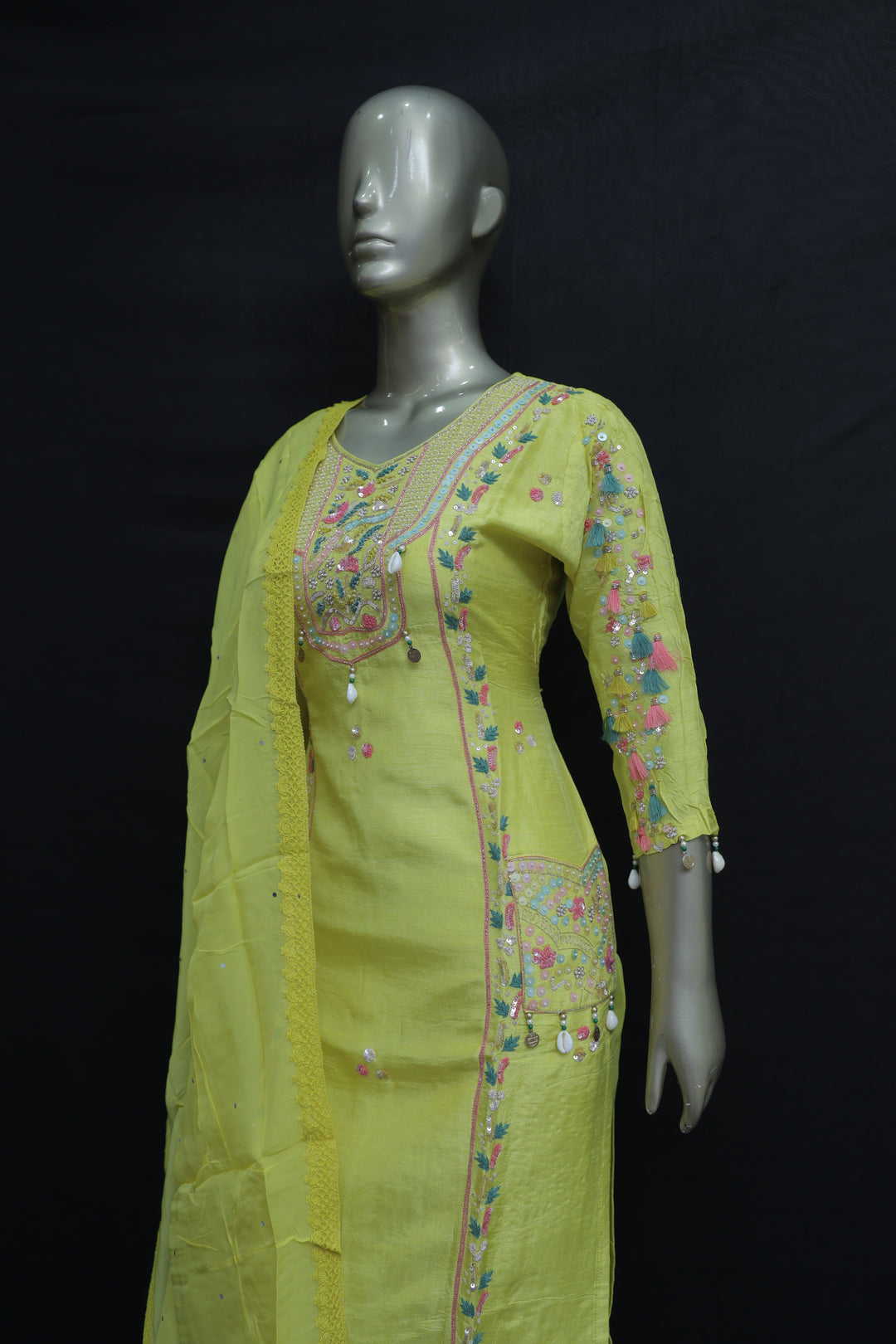 Opara silk kurta pant set with multicolour hand work