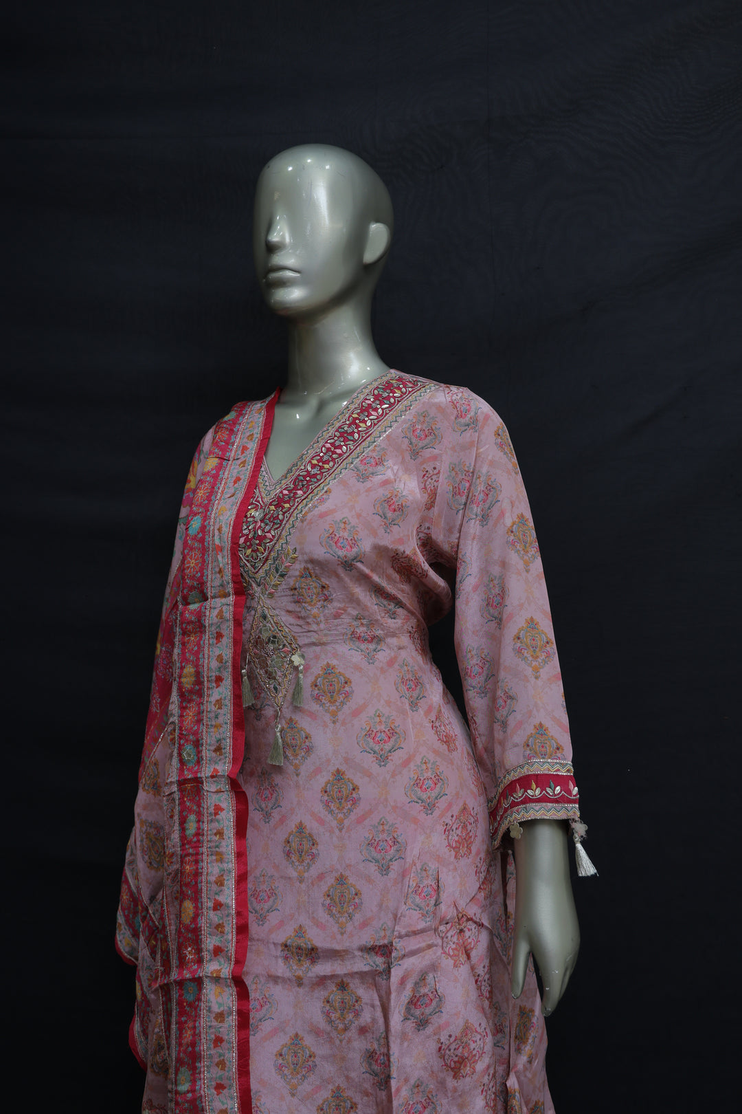 Italian crepe kurta plazo set with multicolour neckline work