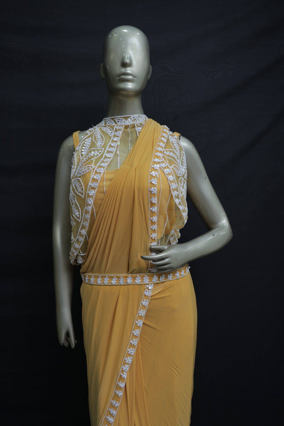 Lycra ready-wear saree with pearl beads work