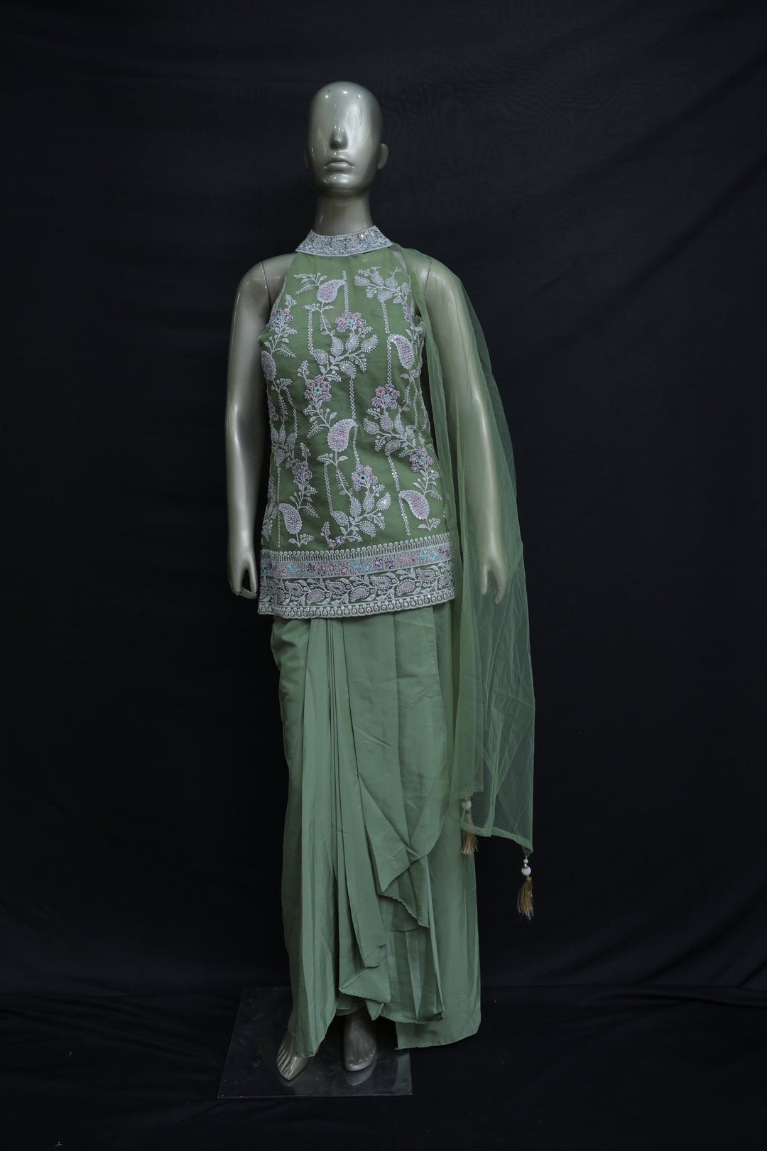 Dhoti skirt with short top in light pista colour