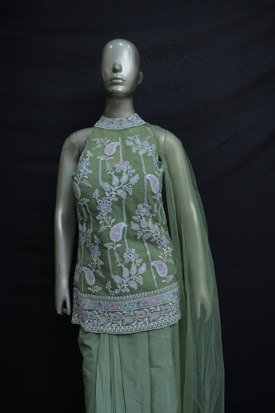 Crepe net dhoti skirt set with Resham Karachi work