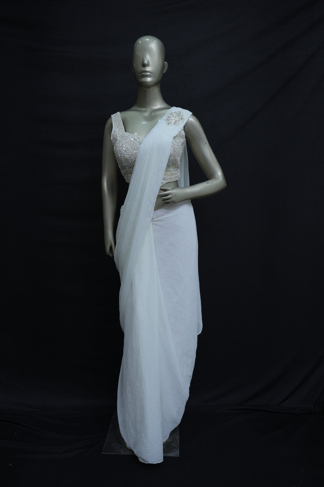 Ready-to-wear saree with readymade blouse in cream colour