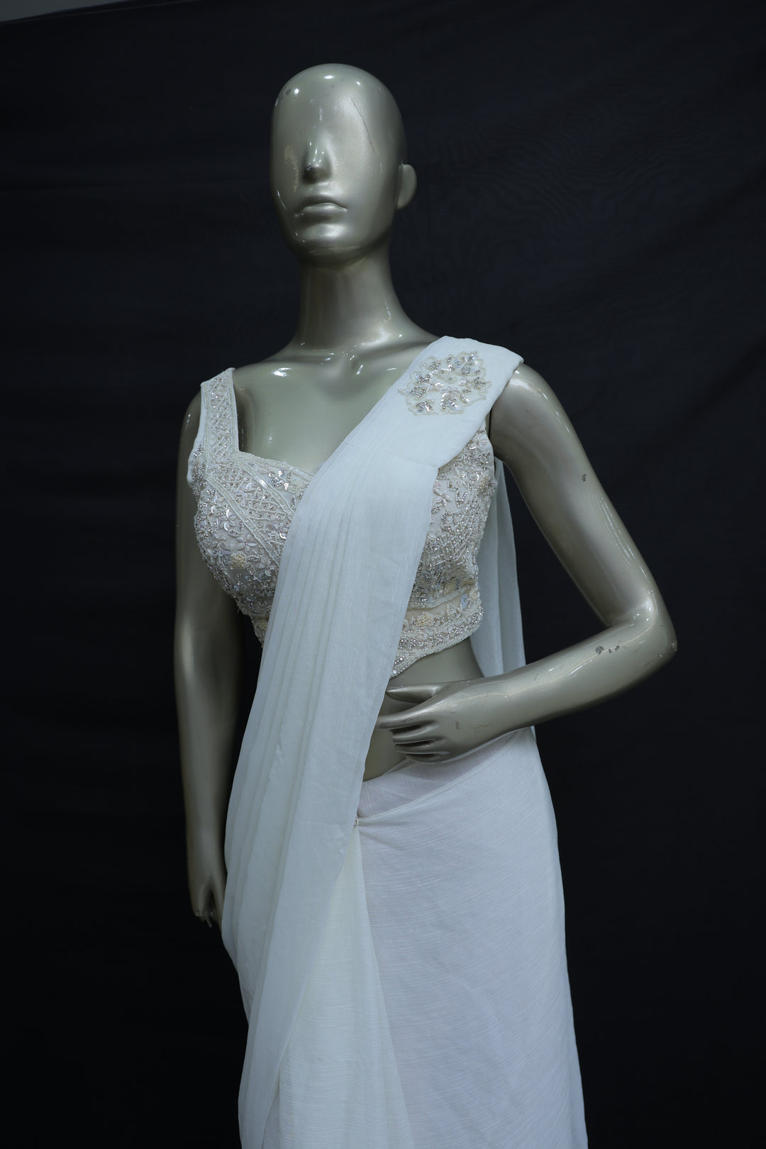 Cambric chiffon Indo-Western saree with pearl bead work