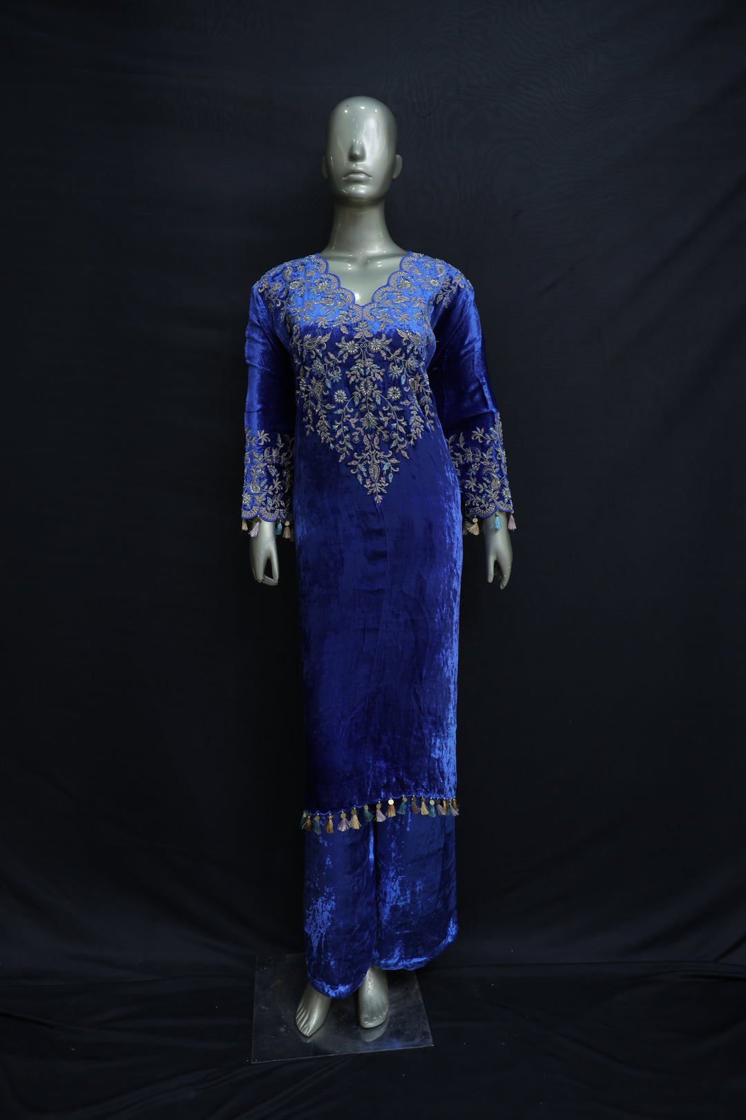 Royal blue kaftan with plazo in lycra velvet fabric