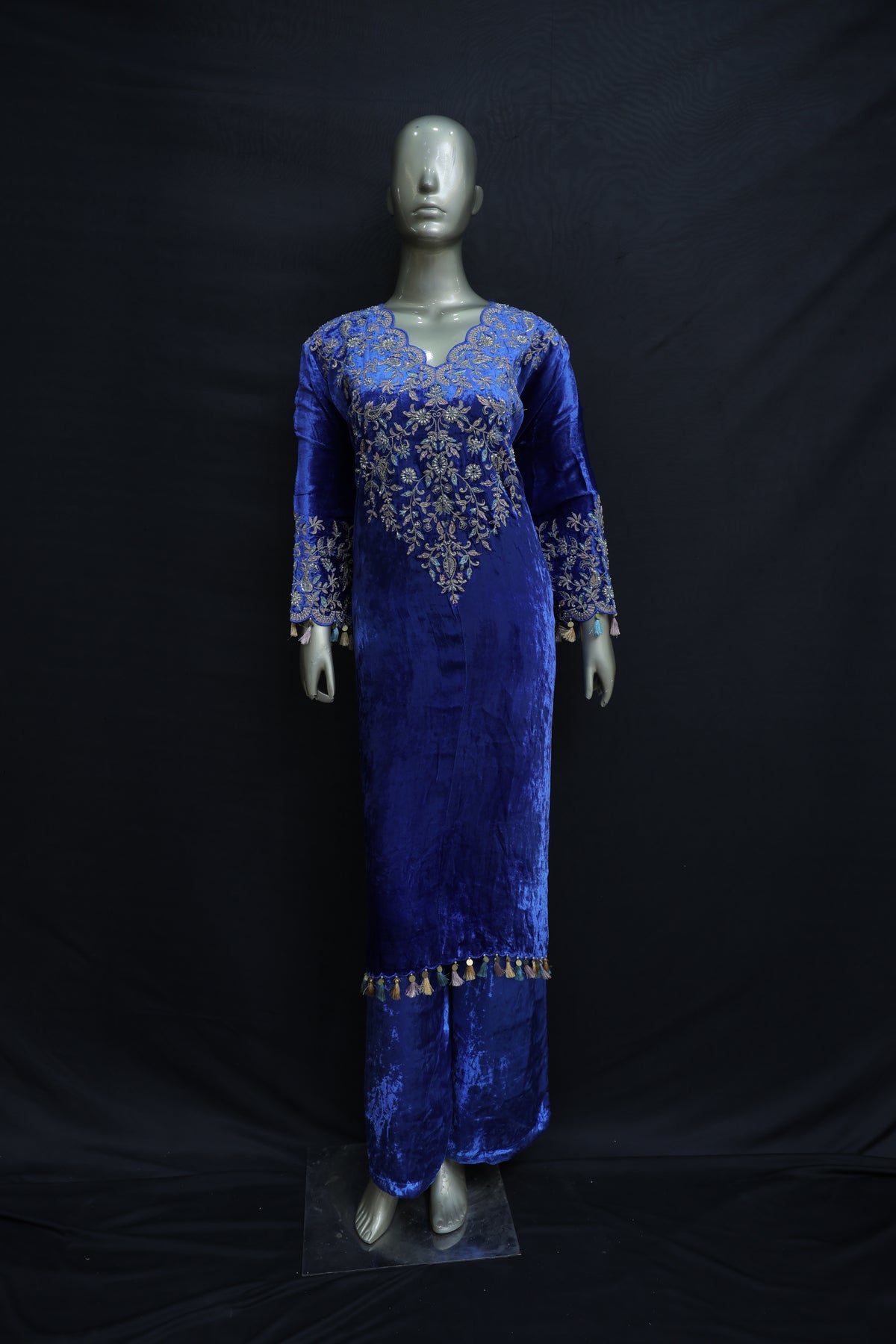 Royal blue kaftan with plazo in lycra velvet fabric