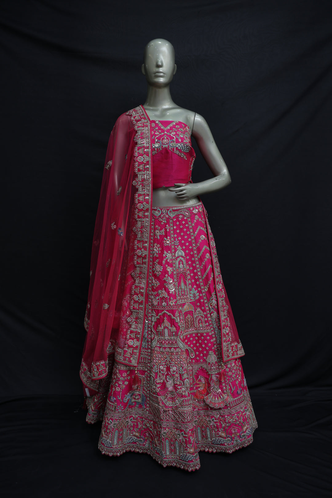 Hot pink magenta lehenga with multi meenakari work