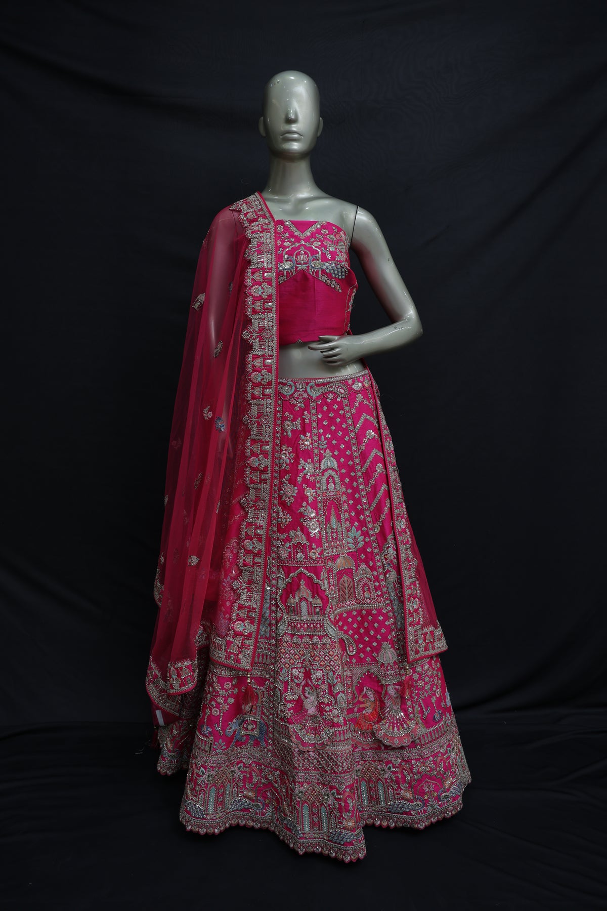 Hot pink magenta lehenga with multi meenakari work