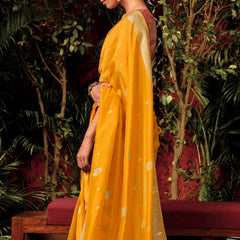 Saffron Yellow Woven Banarasi Silk Saree With Brocade Blouse