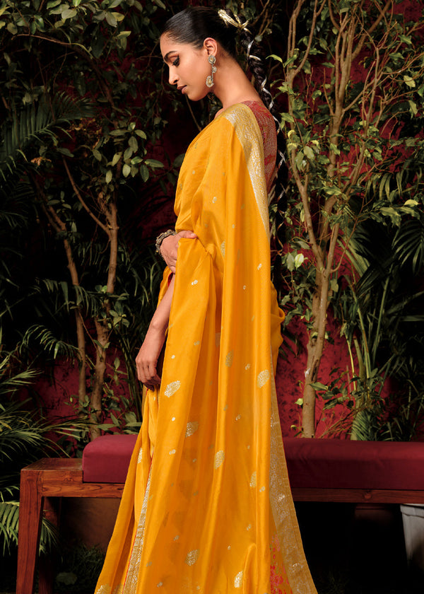 Saffron Yellow Woven Banarasi Silk Saree With Brocade Blouse