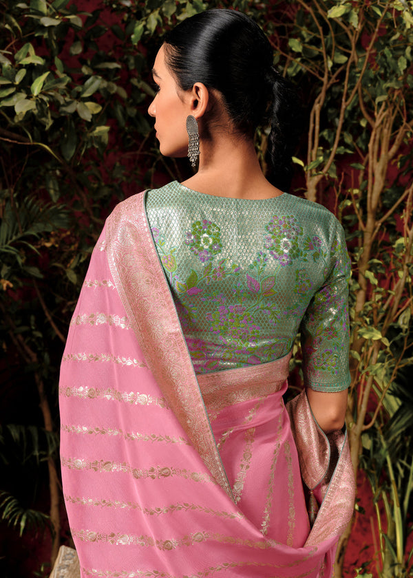 Delight Pink Woven Banarasi Silk Saree With Brocade Blouse