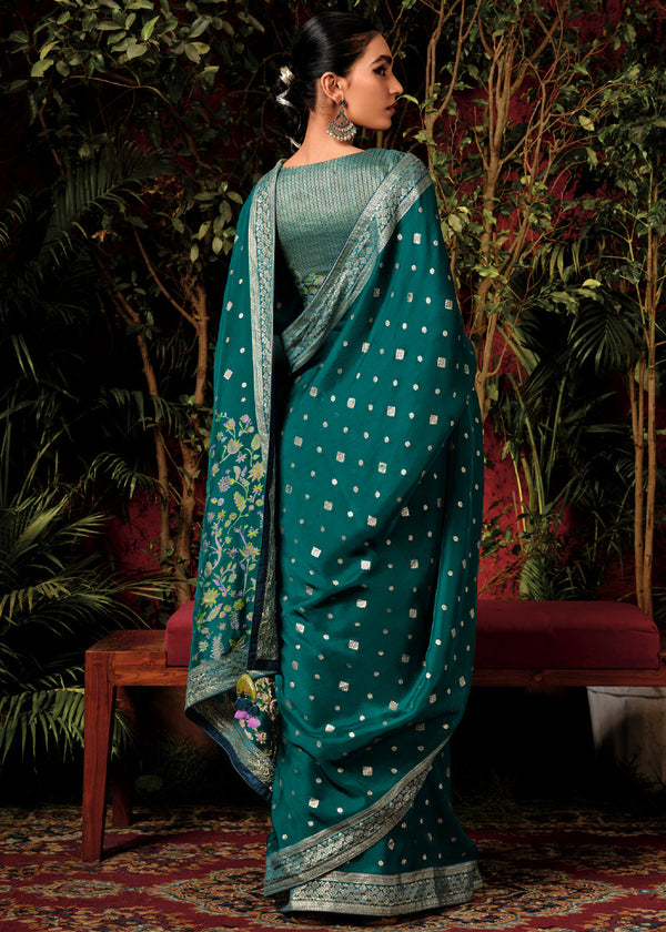 Antique Green Woven Banarasi Silk Saree With Brocade Blouse