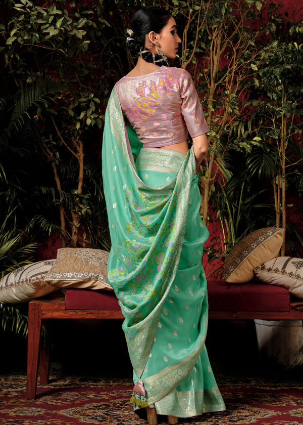 Aquamarine Green Woven Banarasi Silk Saree With Brocade Blouse