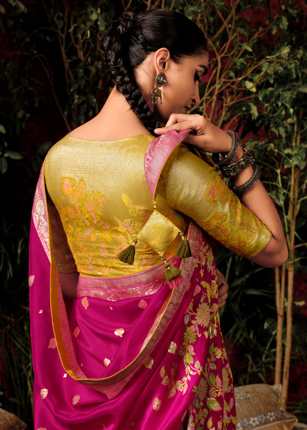Magenta Pink Woven Banarasi Silk Saree With Brocade Blouse