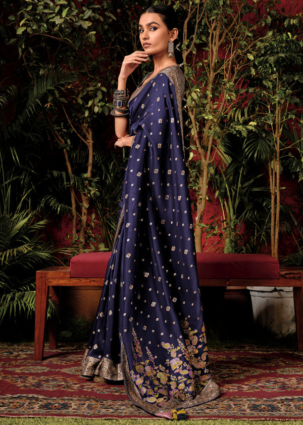 Twilight Blue Woven Banarasi Silk Saree With Brocade Blouse
