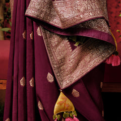 Wine Maroon Woven Banarasi Silk Saree With Brocade Blouse