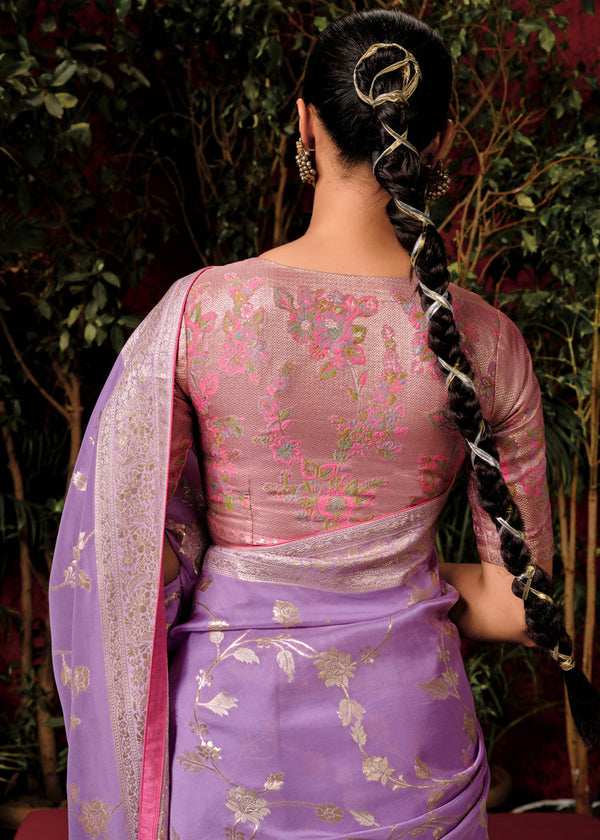 Pastel Purple Woven Banarasi Silk Saree With Brocade Blouse