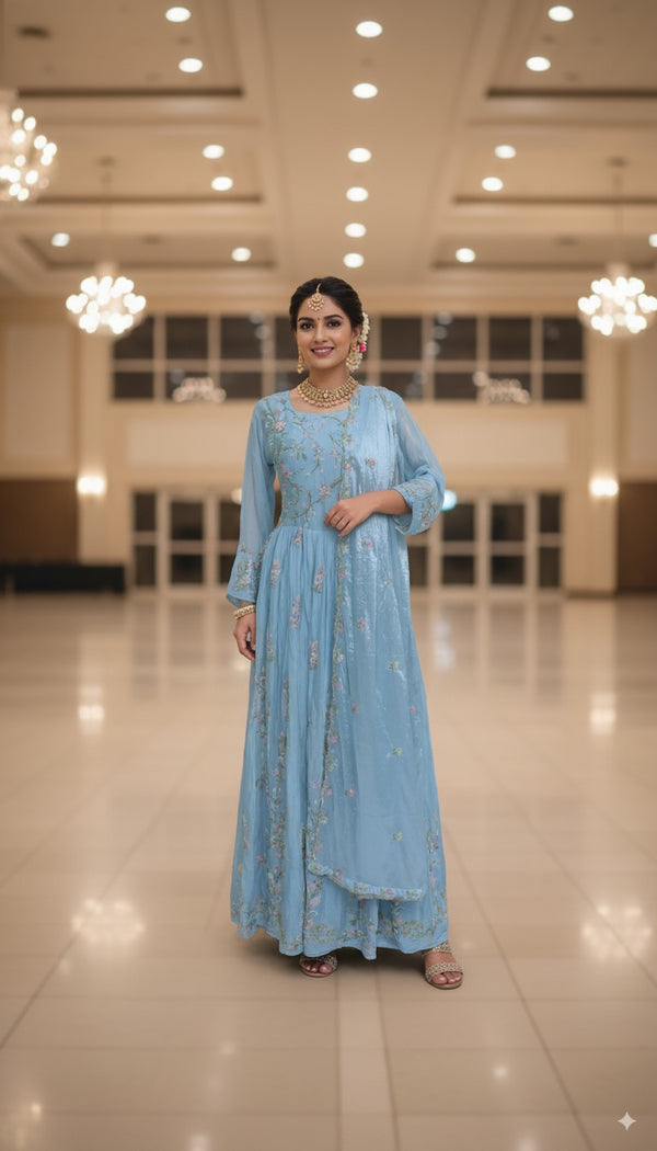Long dress one piece  Resham hand work  Chinon crap fabric  Powder blue color