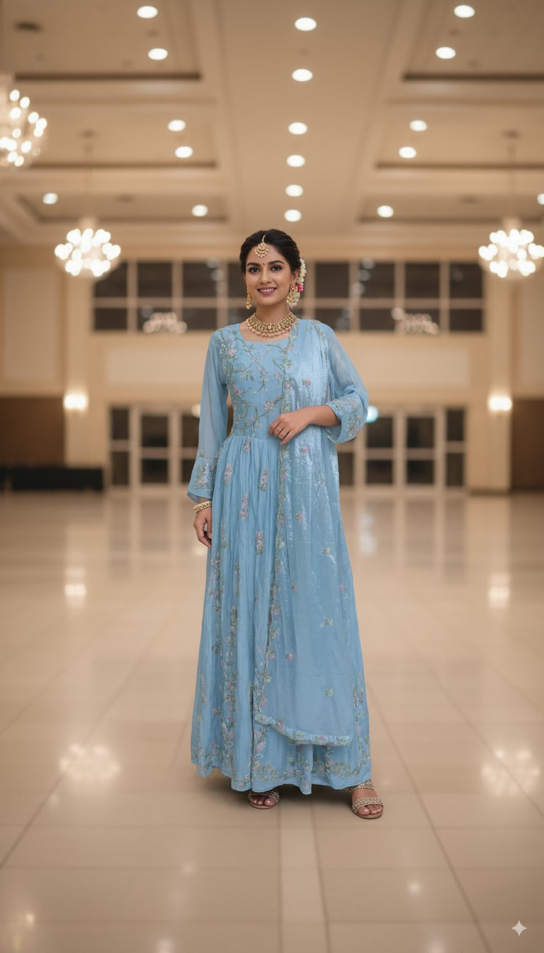Long dress one piece  Resham hand work  Chinon crap fabric  Powder blue color