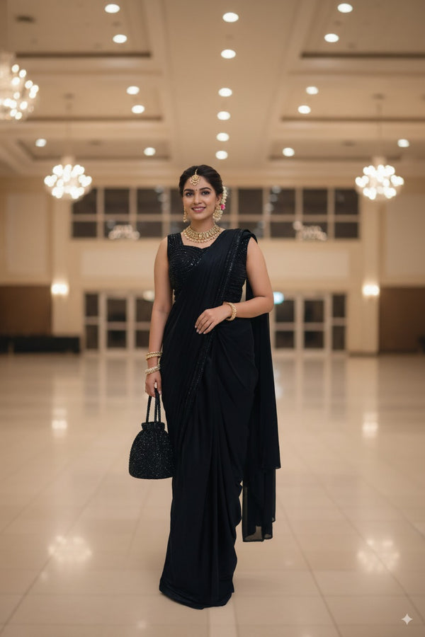 Indo Western Saree  Lycra fabric  Black colour  Antique beats work