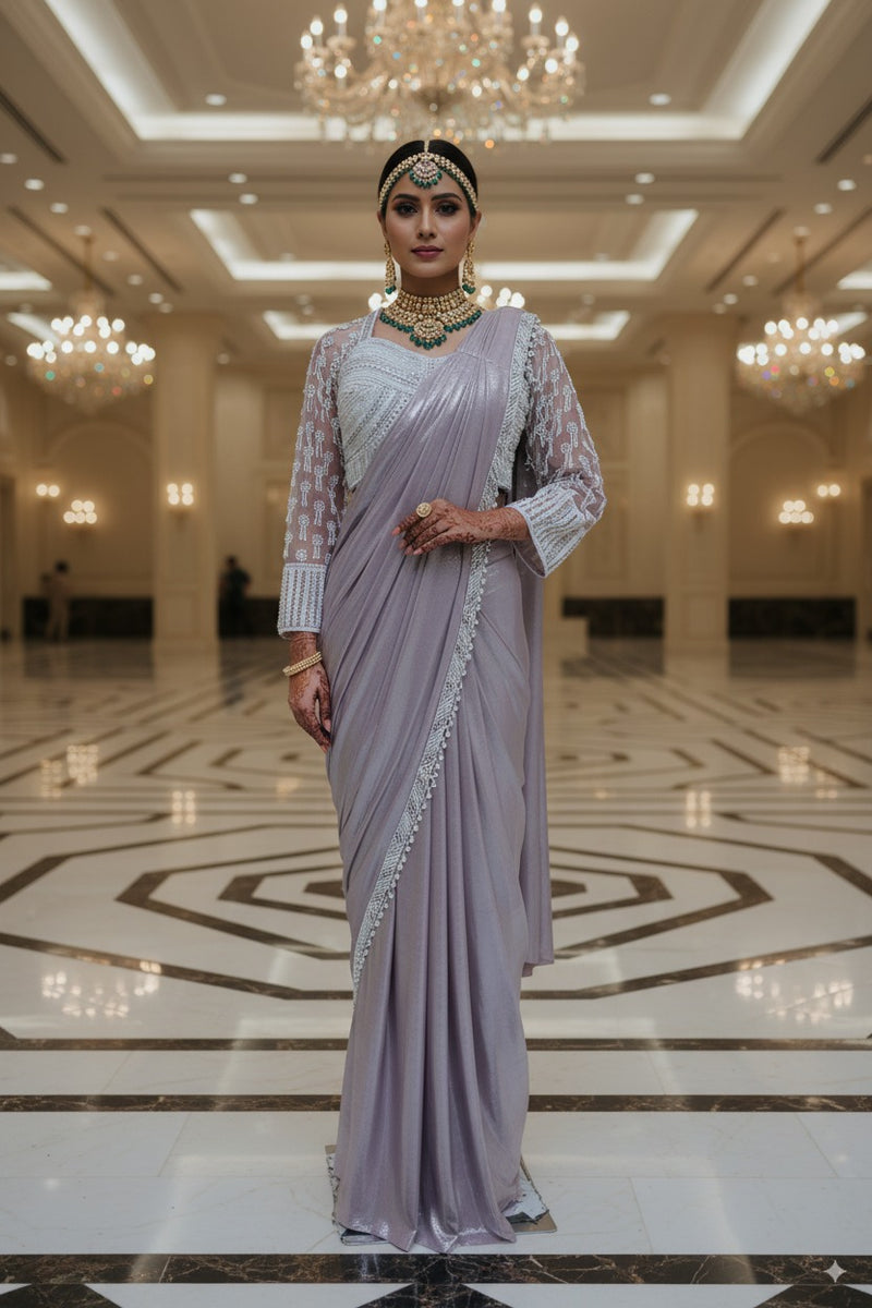 Indo Western Saree Lycra Simar fabric  Light lavender shade  Pearl beats work