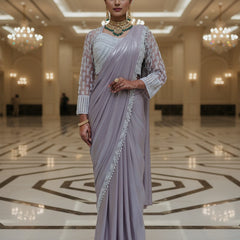 Indo Western Saree Lycra Simar fabric  Light lavender shade  Pearl beats work