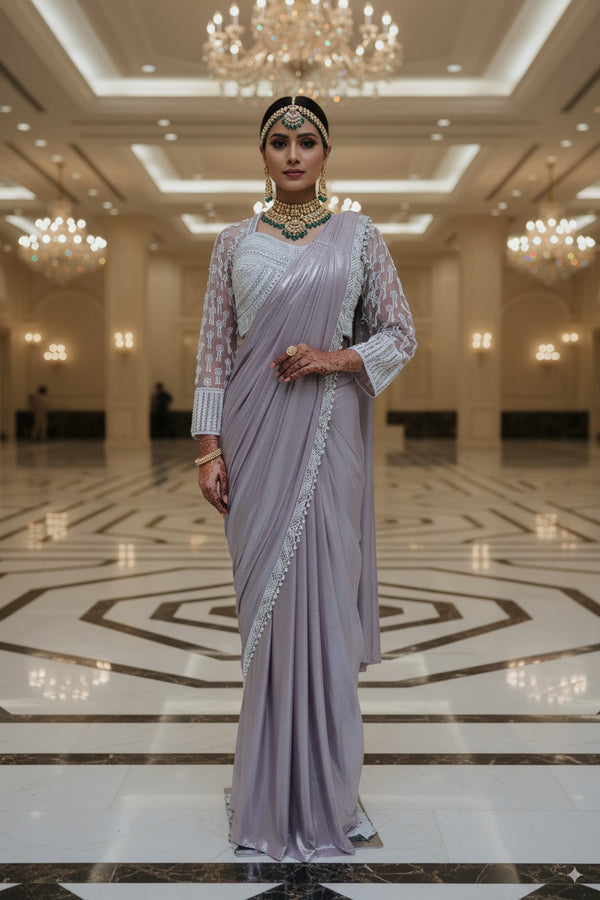 Indo Western Saree Lycra Simar fabric  Light lavender shade  Pearl beats work