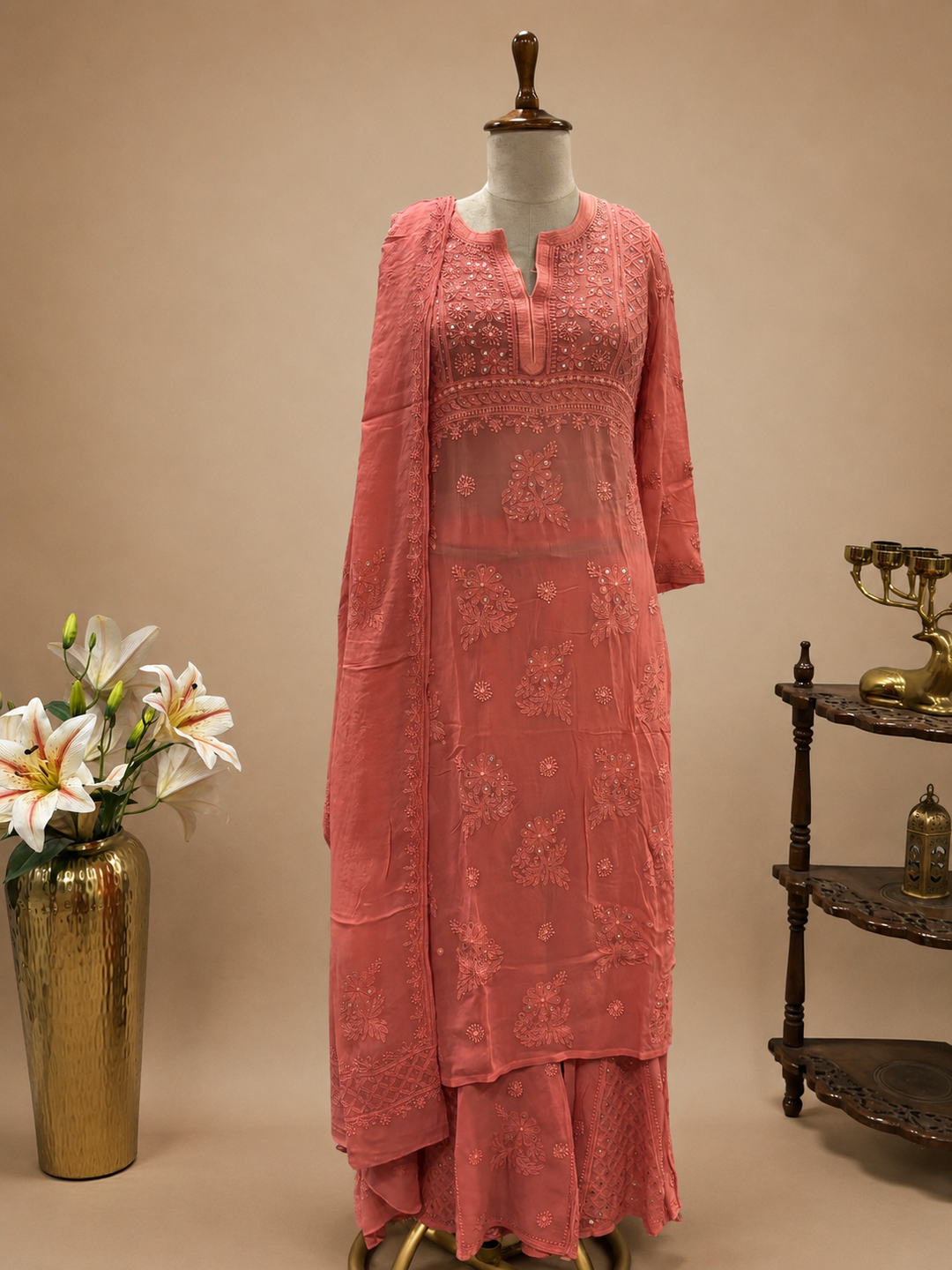 Dusty Rose Georgette Lucknowi Embroidered Unstitched Suit